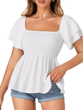 LYANER Womens Square Neck Smocked Peplum Top Ruffle Short Sleeve Babydoll Shirred Blouse