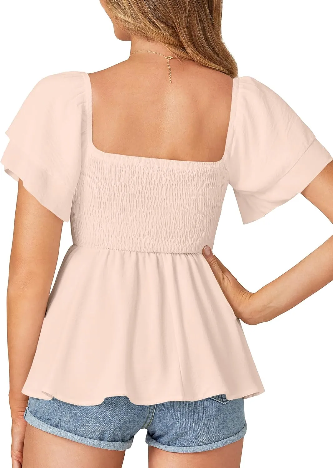 LYANER Womens Square Neck Smocked Peplum Top Ruffle Short Sleeve Babydoll Shirred Blouse