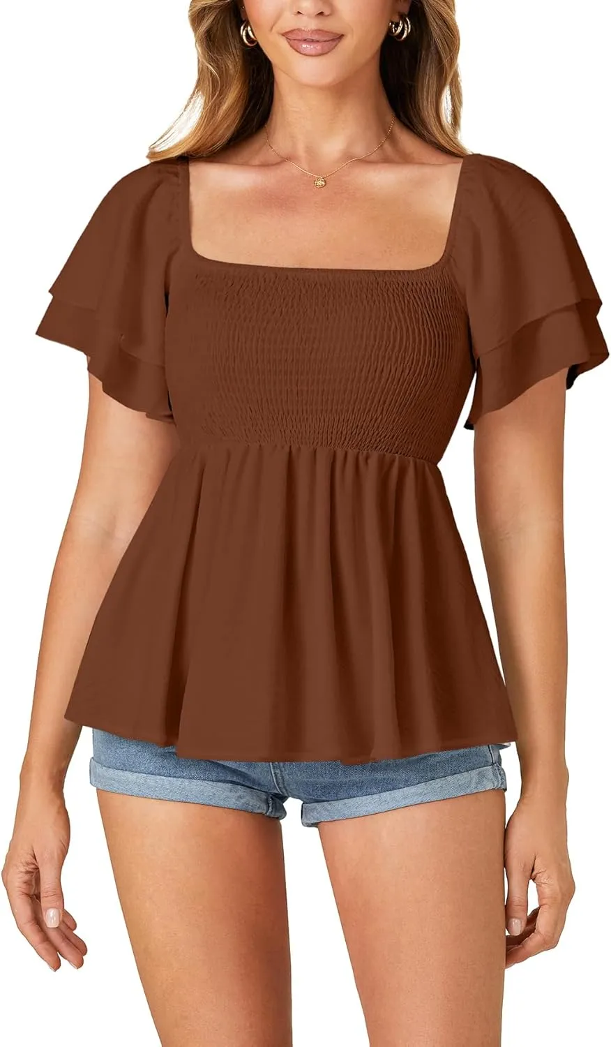 LYANER Womens Square Neck Smocked Peplum Top Ruffle Short Sleeve Babydoll Shirred Blouse