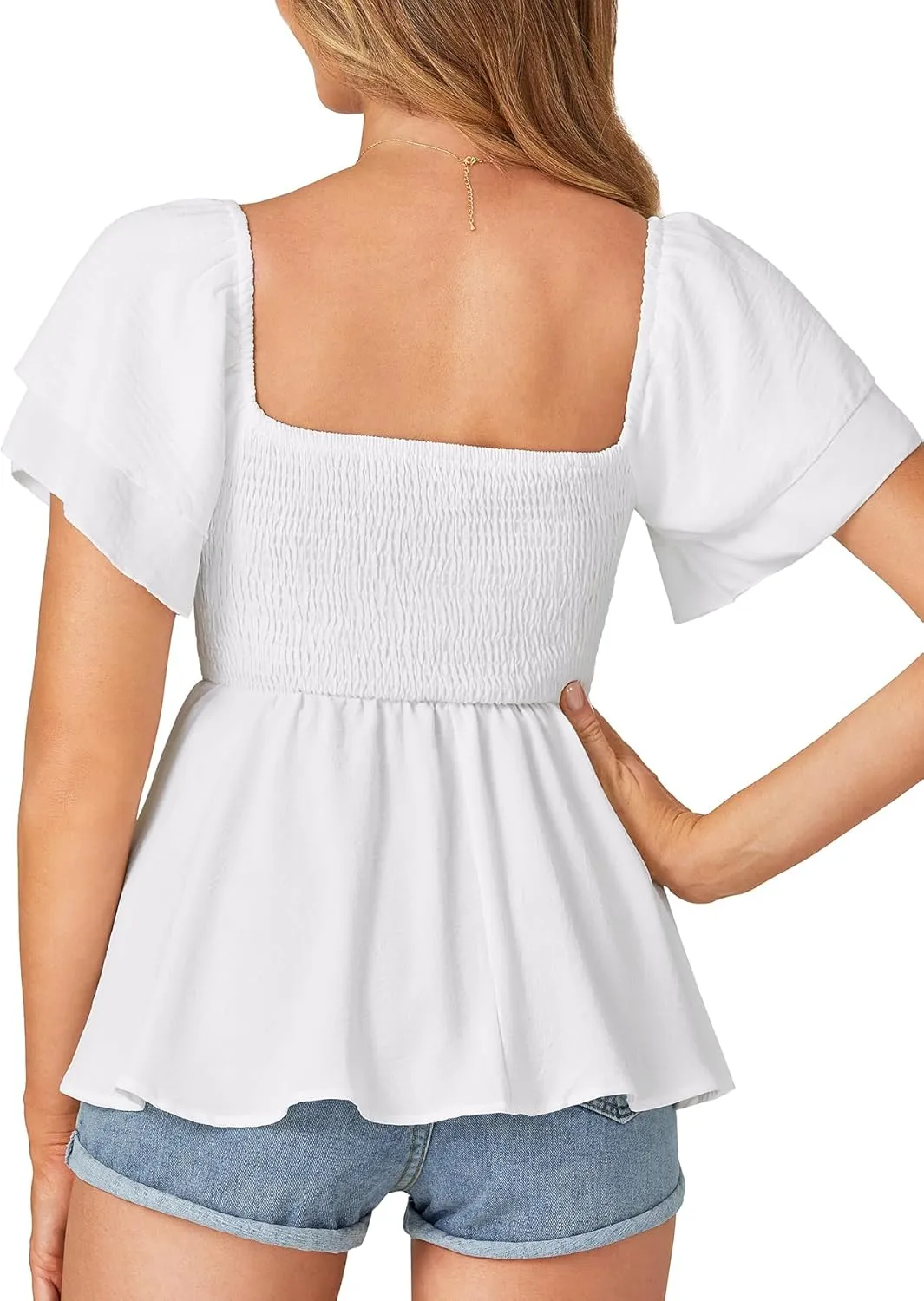 LYANER Womens Square Neck Smocked Peplum Top Ruffle Short Sleeve Babydoll Shirred Blouse