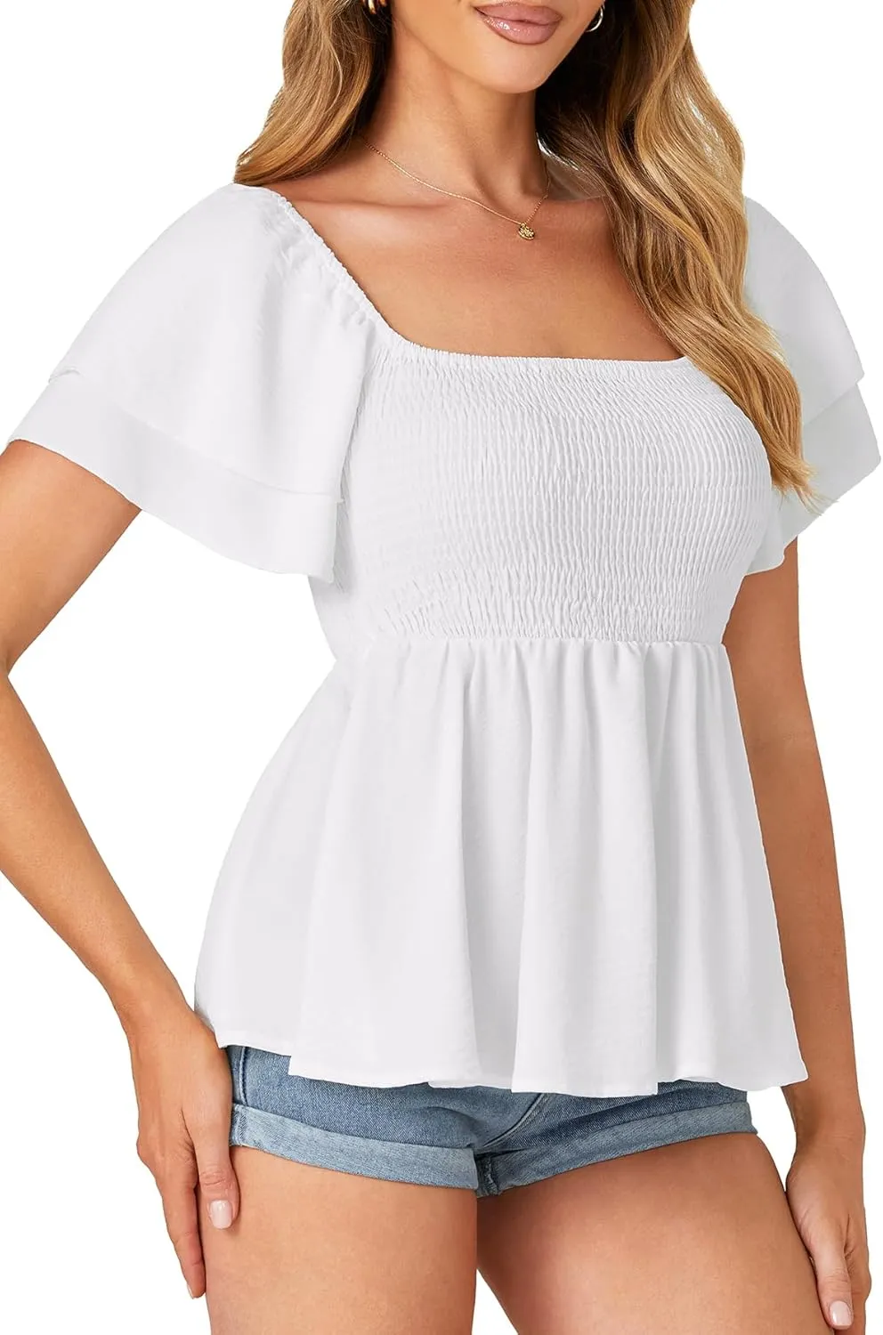 LYANER Womens Square Neck Smocked Peplum Top Ruffle Short Sleeve Babydoll Shirred Blouse