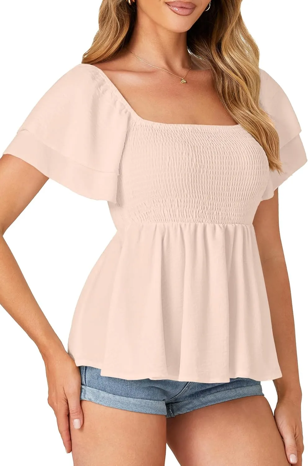 LYANER Womens Square Neck Smocked Peplum Top Ruffle Short Sleeve Babydoll Shirred Blouse
