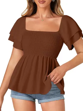 LYANER Womens Square Neck Smocked Peplum Top Ruffle Short Sleeve Babydoll Shirred Blouse