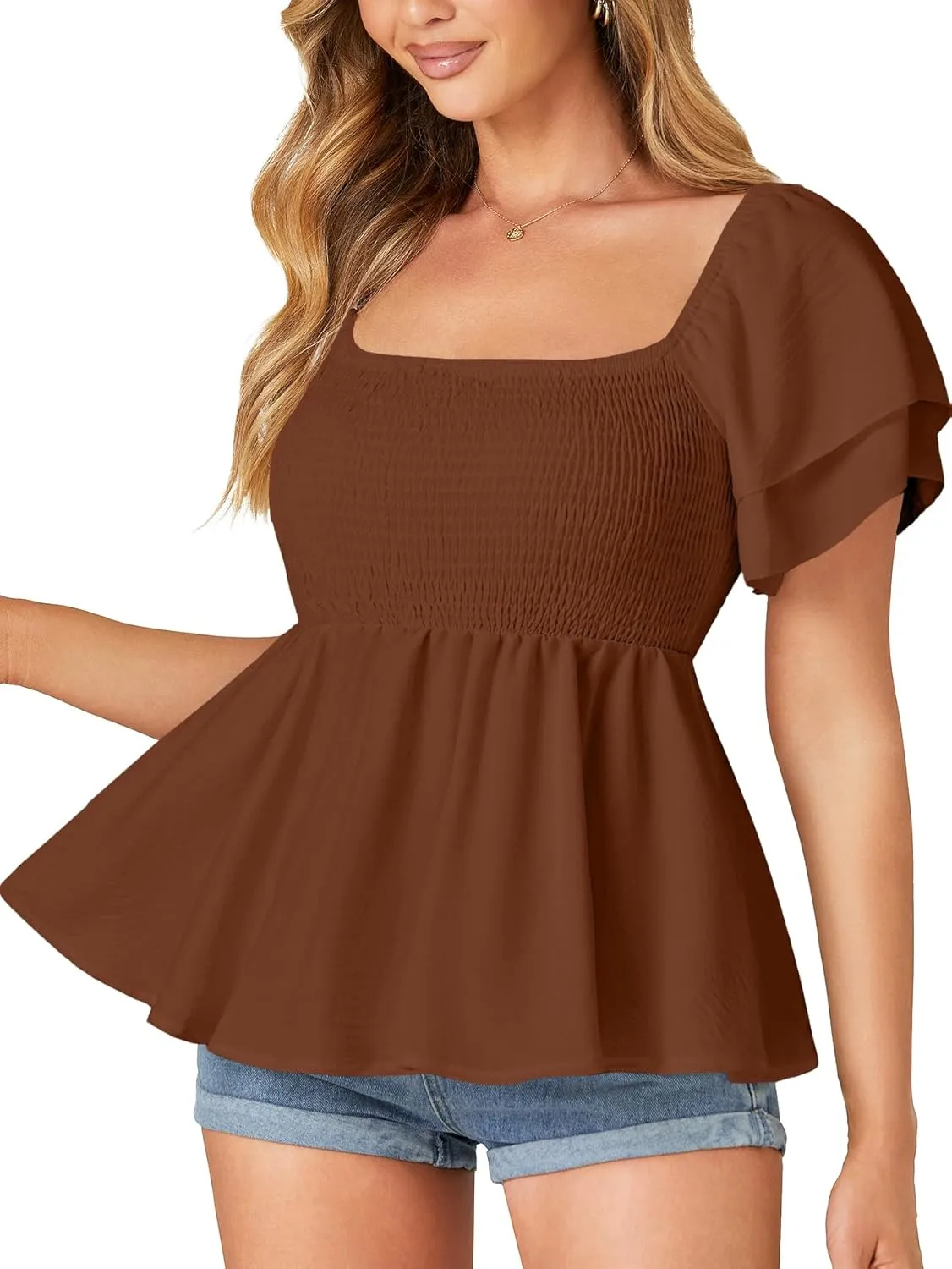 LYANER Womens Square Neck Smocked Peplum Top Ruffle Short Sleeve Babydoll Shirred Blouse