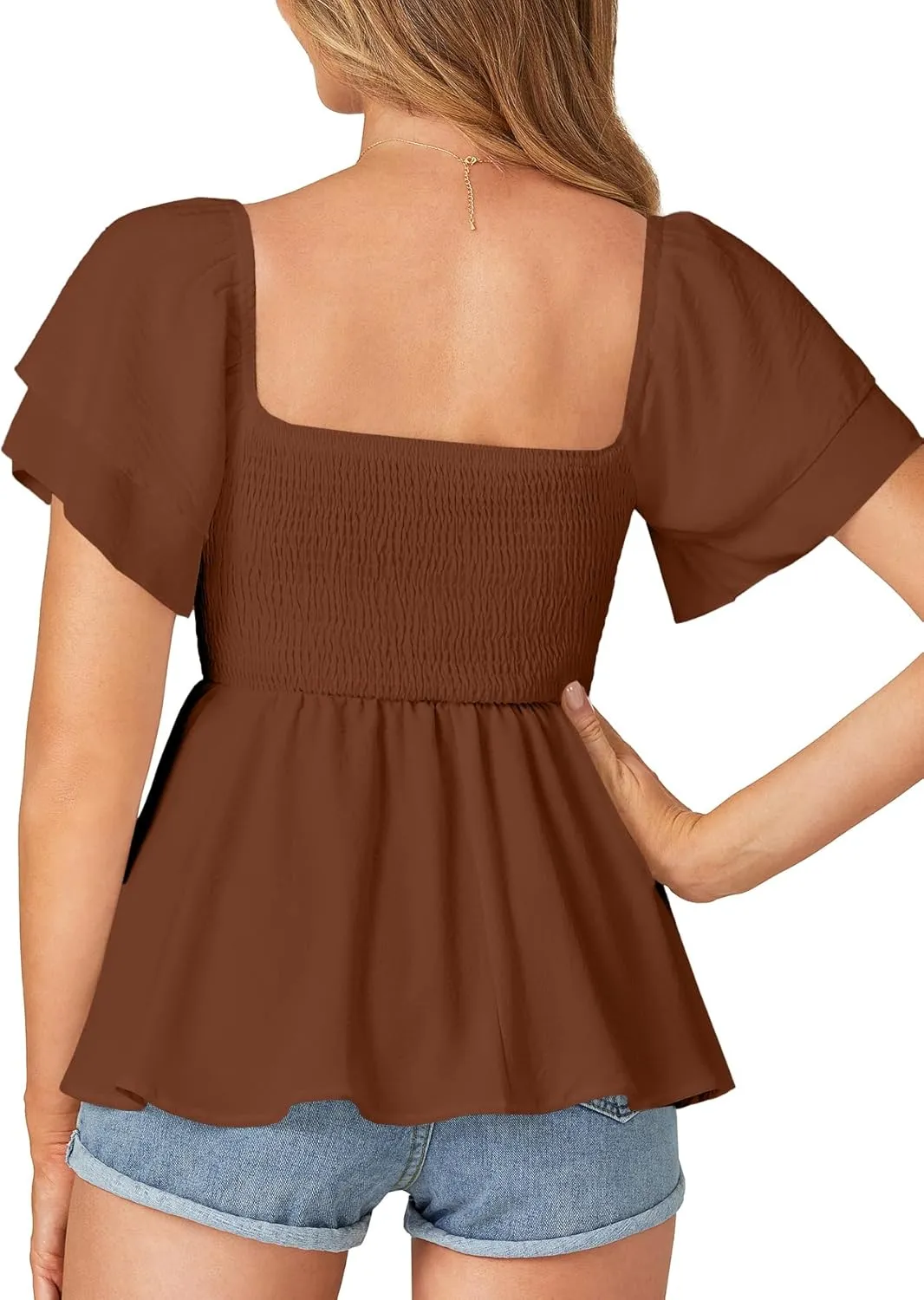 LYANER Womens Square Neck Smocked Peplum Top Ruffle Short Sleeve Babydoll Shirred Blouse