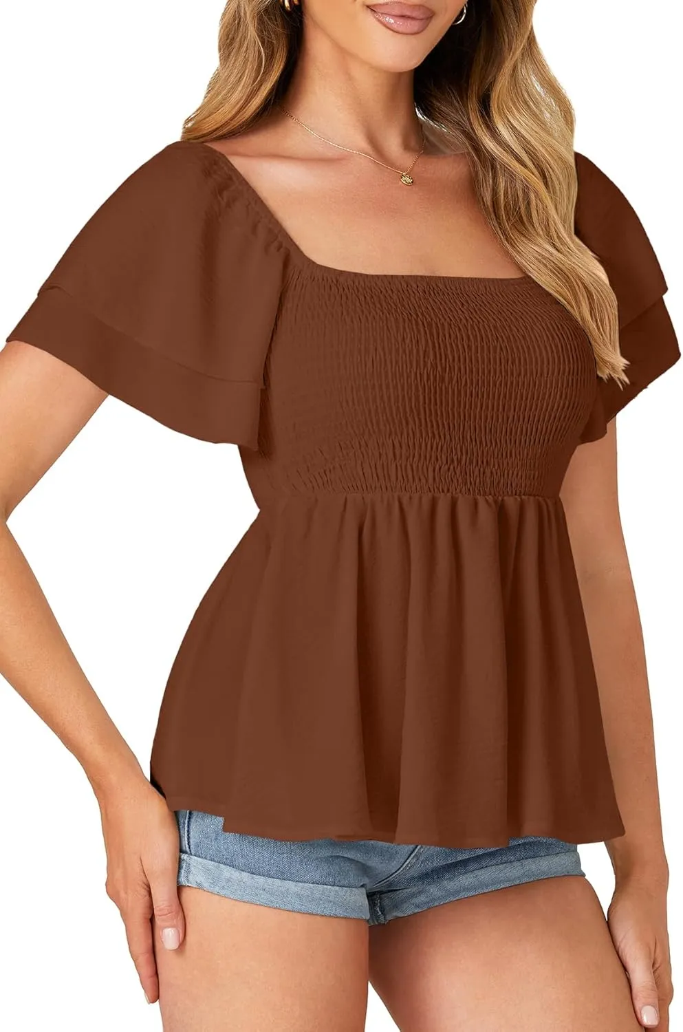 LYANER Womens Square Neck Smocked Peplum Top Ruffle Short Sleeve Babydoll Shirred Blouse