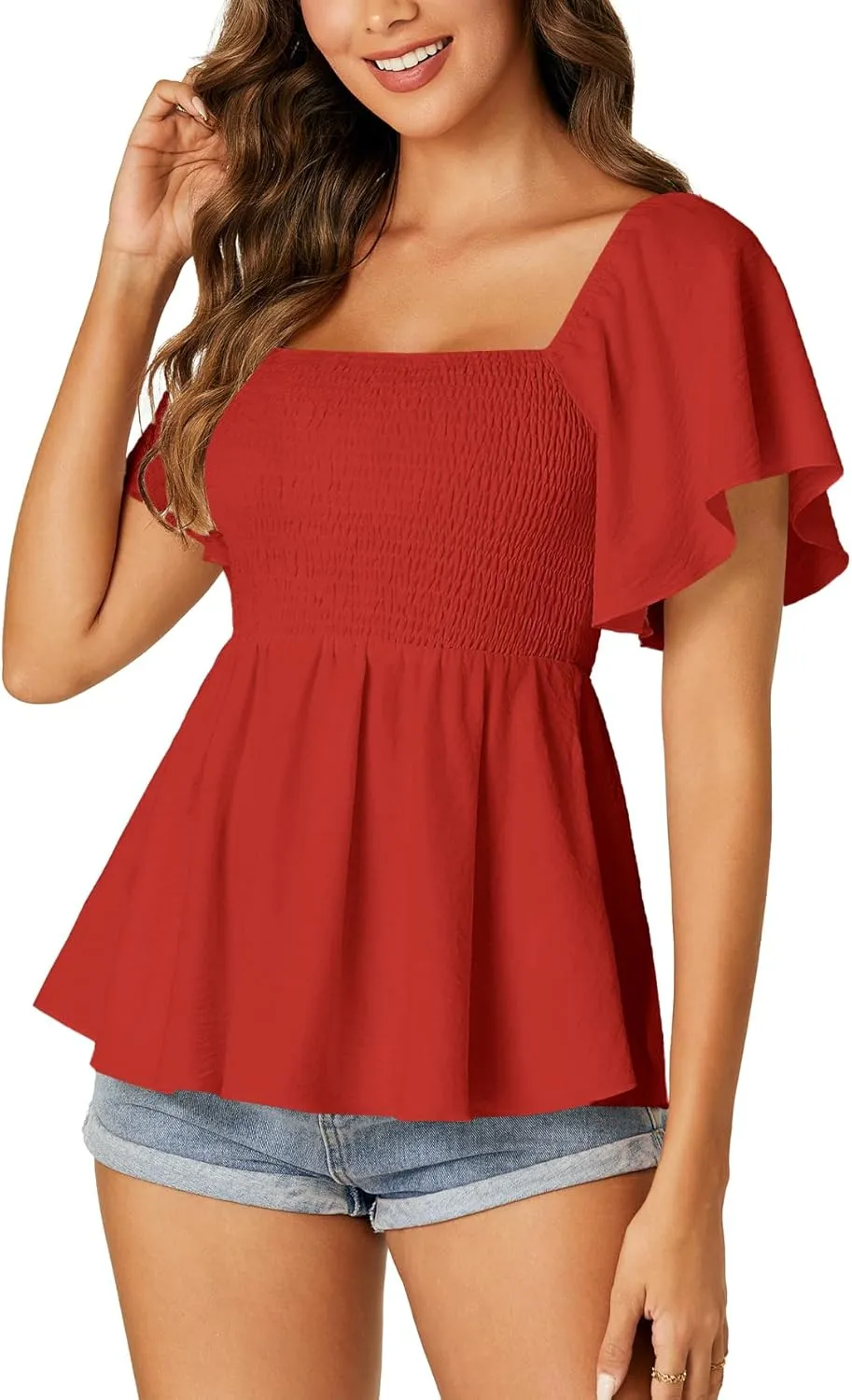 LYANER Women's Square Neck Smocked Peplum Top Ruffle Short Sleeve Shirred Babydoll Blouse