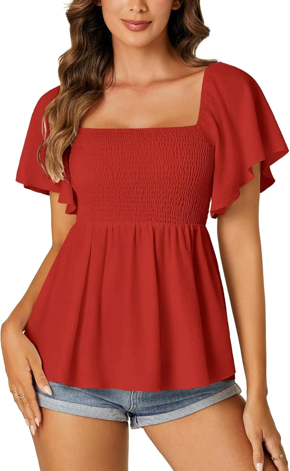 LYANER Women's Square Neck Smocked Peplum Top Ruffle Short Sleeve Shirred Babydoll Blouse