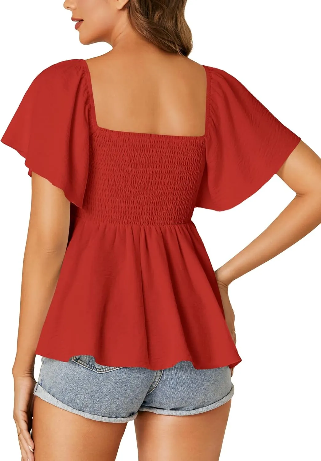 LYANER Women's Square Neck Smocked Peplum Top Ruffle Short Sleeve Shirred Babydoll Blouse