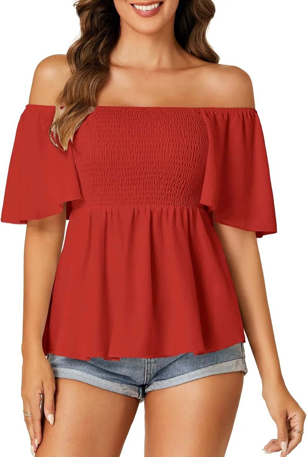 LYANER Women's Square Neck Smocked Peplum Top Ruffle Short Sleeve Shirred Babydoll Blouse