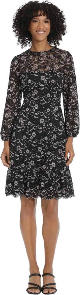 Maggy London Women's Long Sleeve Floral Lace Fit and Flare Dress Occasion