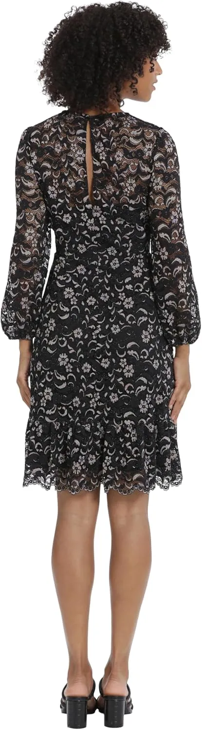 Maggy London Women's Long Sleeve Floral Lace Fit and Flare Dress Occasion