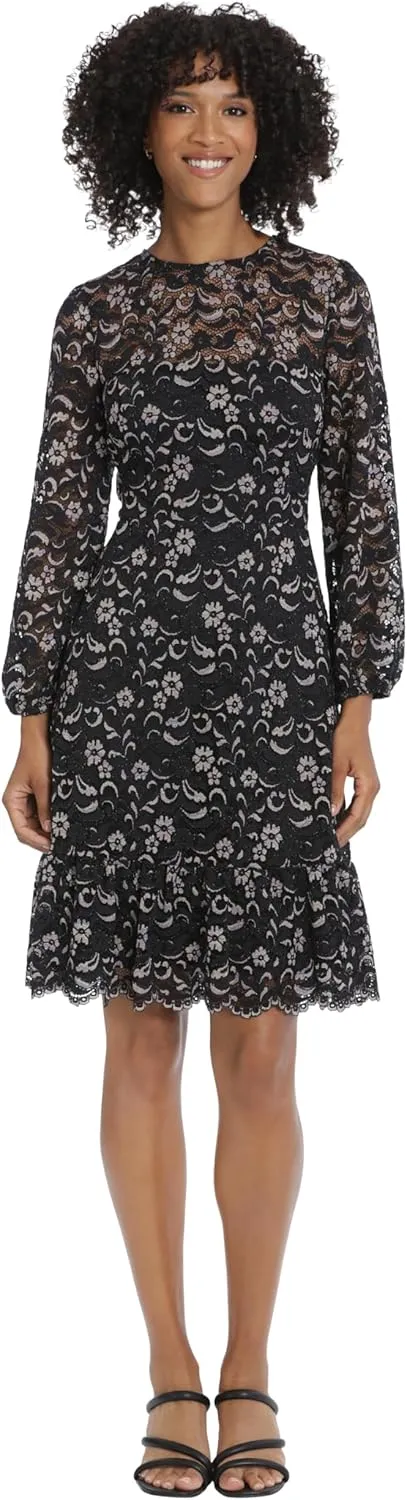 Maggy London Women's Long Sleeve Floral Lace Fit and Flare Dress Occasion