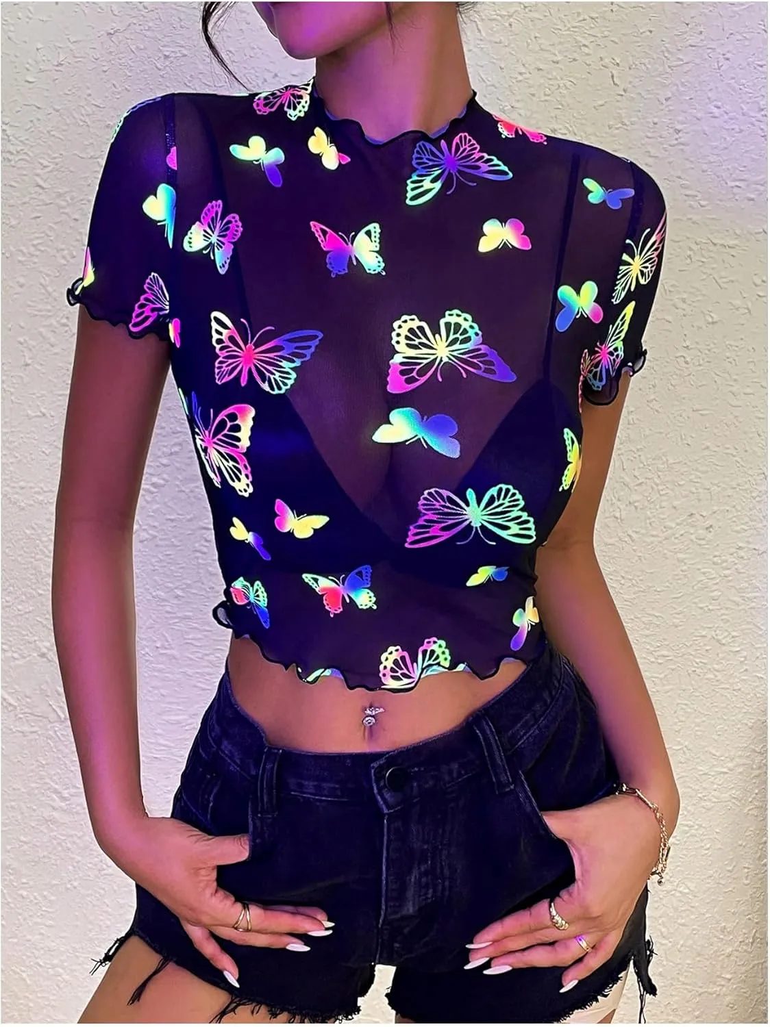 MakeMeChic Women's Reflective Mesh Sheer Crop Top Butterfly Short Sleeve Lettuce Trim T Shirt