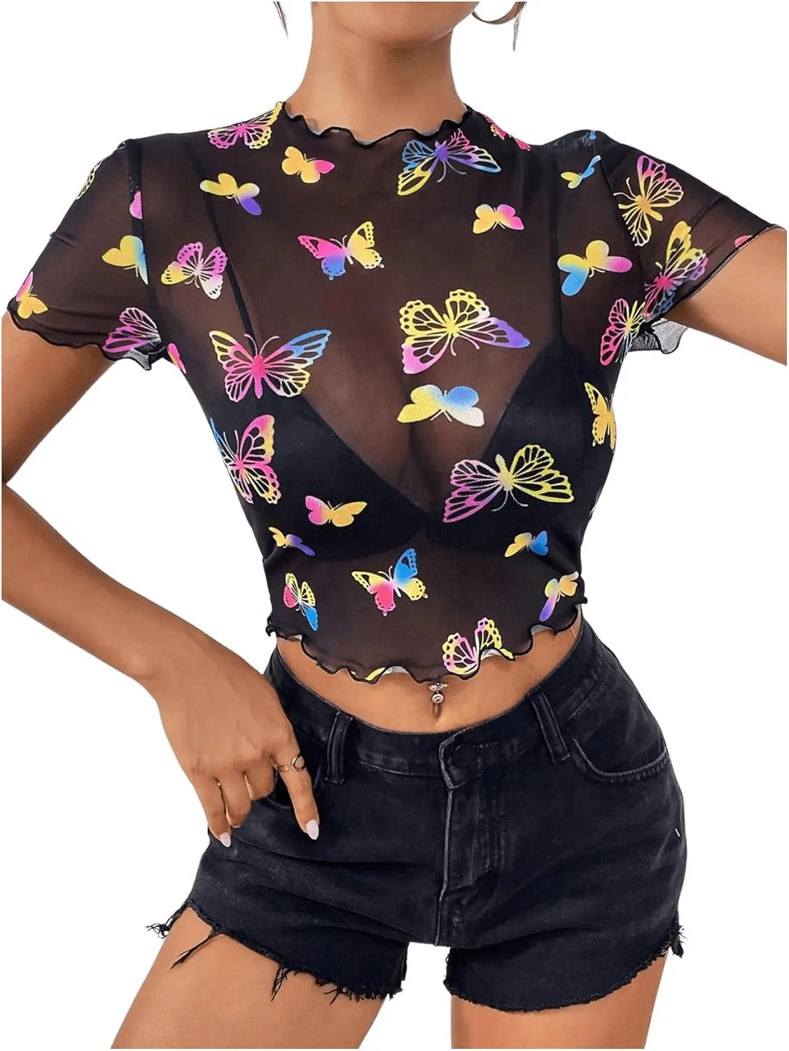 MakeMeChic Women's Reflective Mesh Sheer Crop Top Butterfly Short Sleeve Lettuce Trim T Shirt