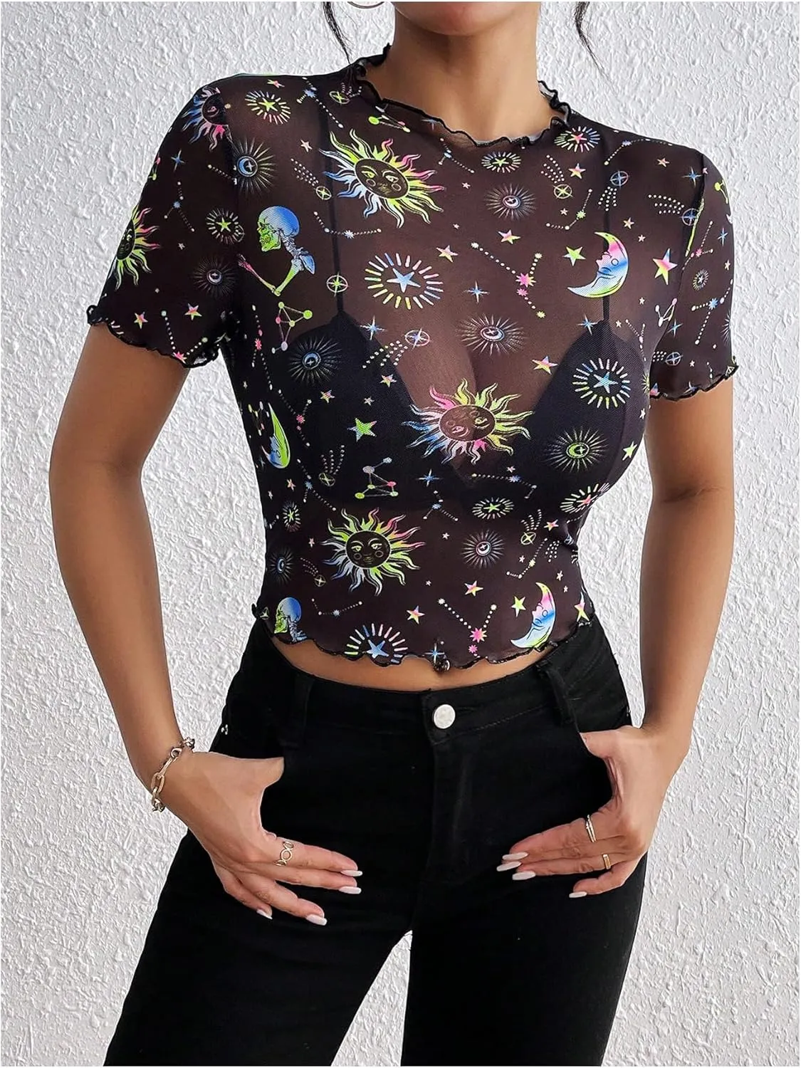MakeMeChic Women's Reflective Mesh Sheer Crop Top Butterfly Short Sleeve Lettuce Trim T Shirt
