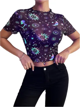 MakeMeChic Women's Reflective Mesh Sheer Crop Top Butterfly Short Sleeve Lettuce Trim T Shirt