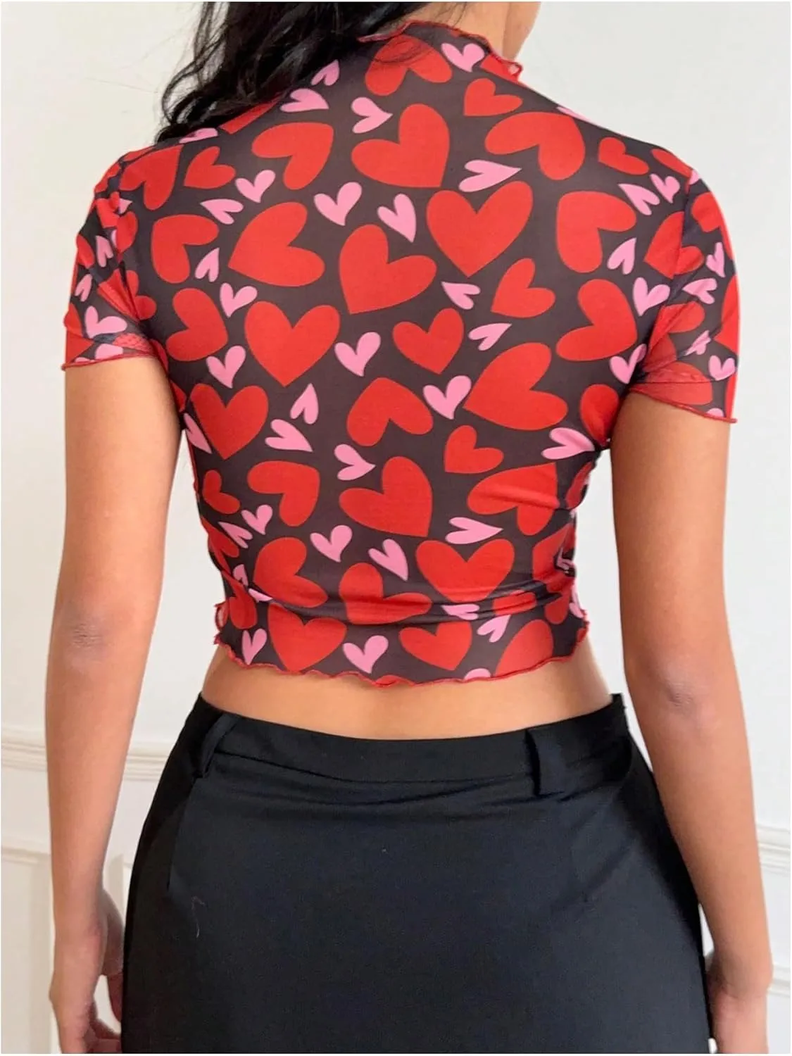 MakeMeChic Women's Reflective Mesh Sheer Crop Top Butterfly Short Sleeve Lettuce Trim T Shirt