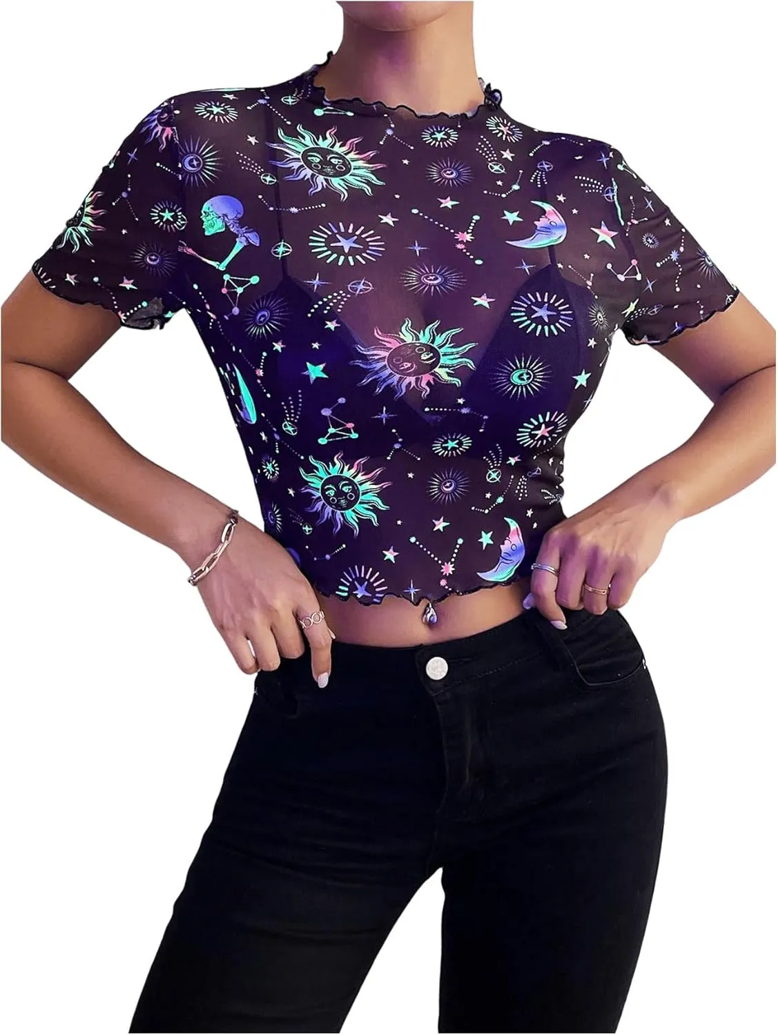 MakeMeChic Women's Reflective Mesh Sheer Crop Top Butterfly Short Sleeve Lettuce Trim T Shirt