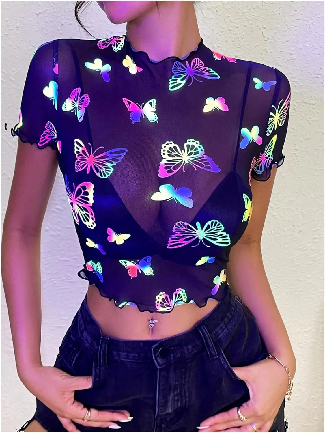 MakeMeChic Women's Reflective Mesh Sheer Crop Top Butterfly Short Sleeve Lettuce Trim T Shirt