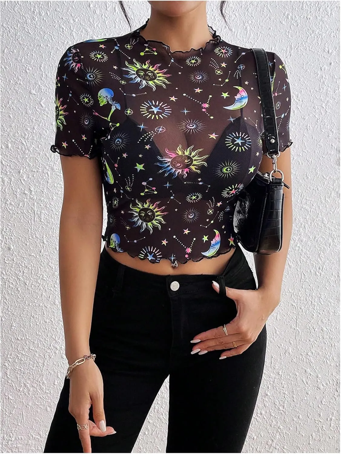 MakeMeChic Women's Reflective Mesh Sheer Crop Top Butterfly Short Sleeve Lettuce Trim T Shirt