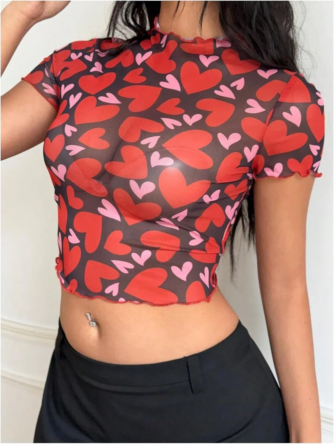 MakeMeChic Women's Reflective Mesh Sheer Crop Top Butterfly Short Sleeve Lettuce Trim T Shirt
