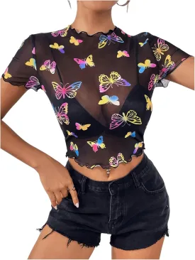 MakeMeChic Women's Reflective Mesh Sheer Crop Top Butterfly Short Sleeve Lettuce Trim T Shirt