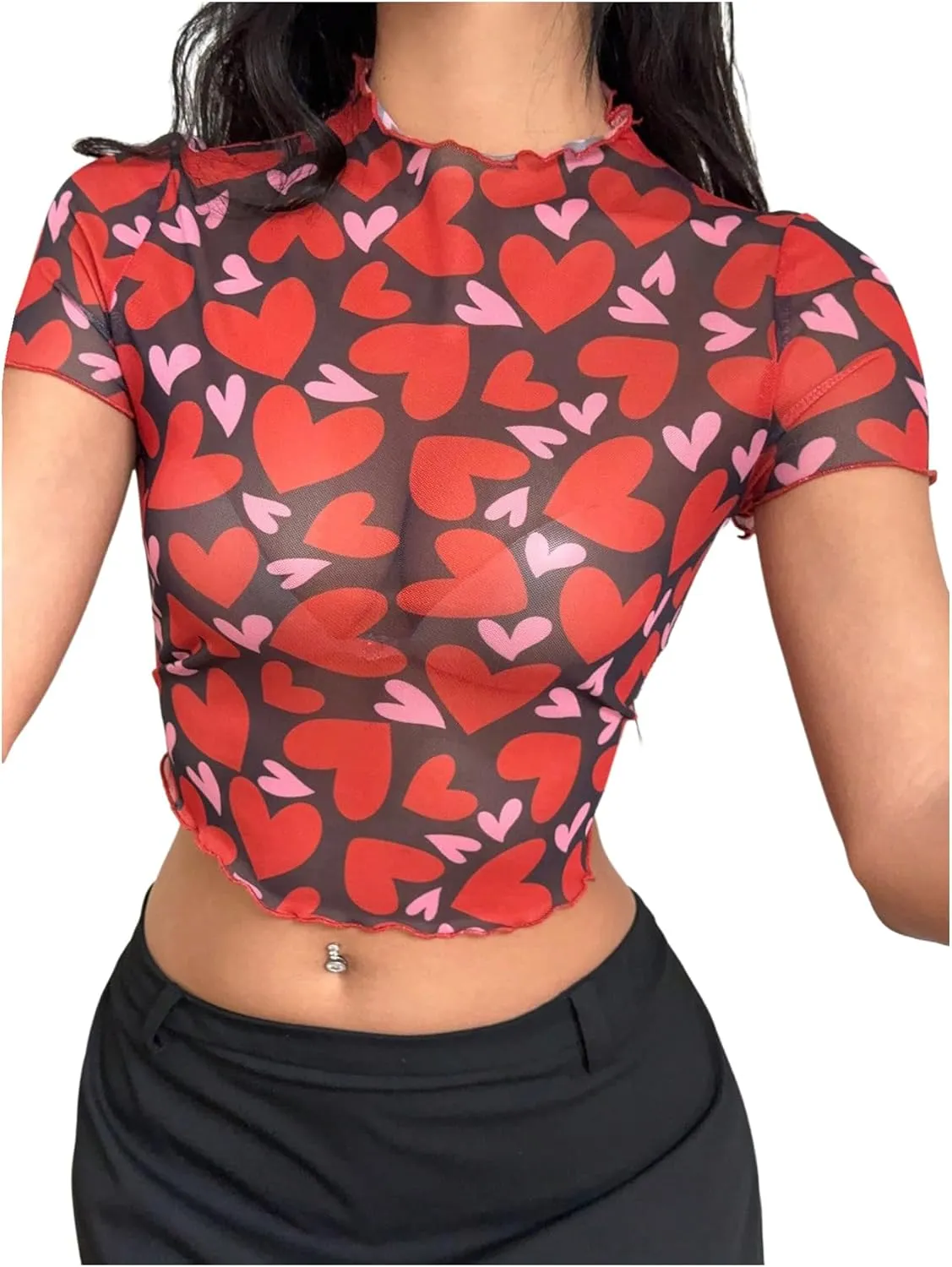MakeMeChic Women's Reflective Mesh Sheer Crop Top Butterfly Short Sleeve Lettuce Trim T Shirt