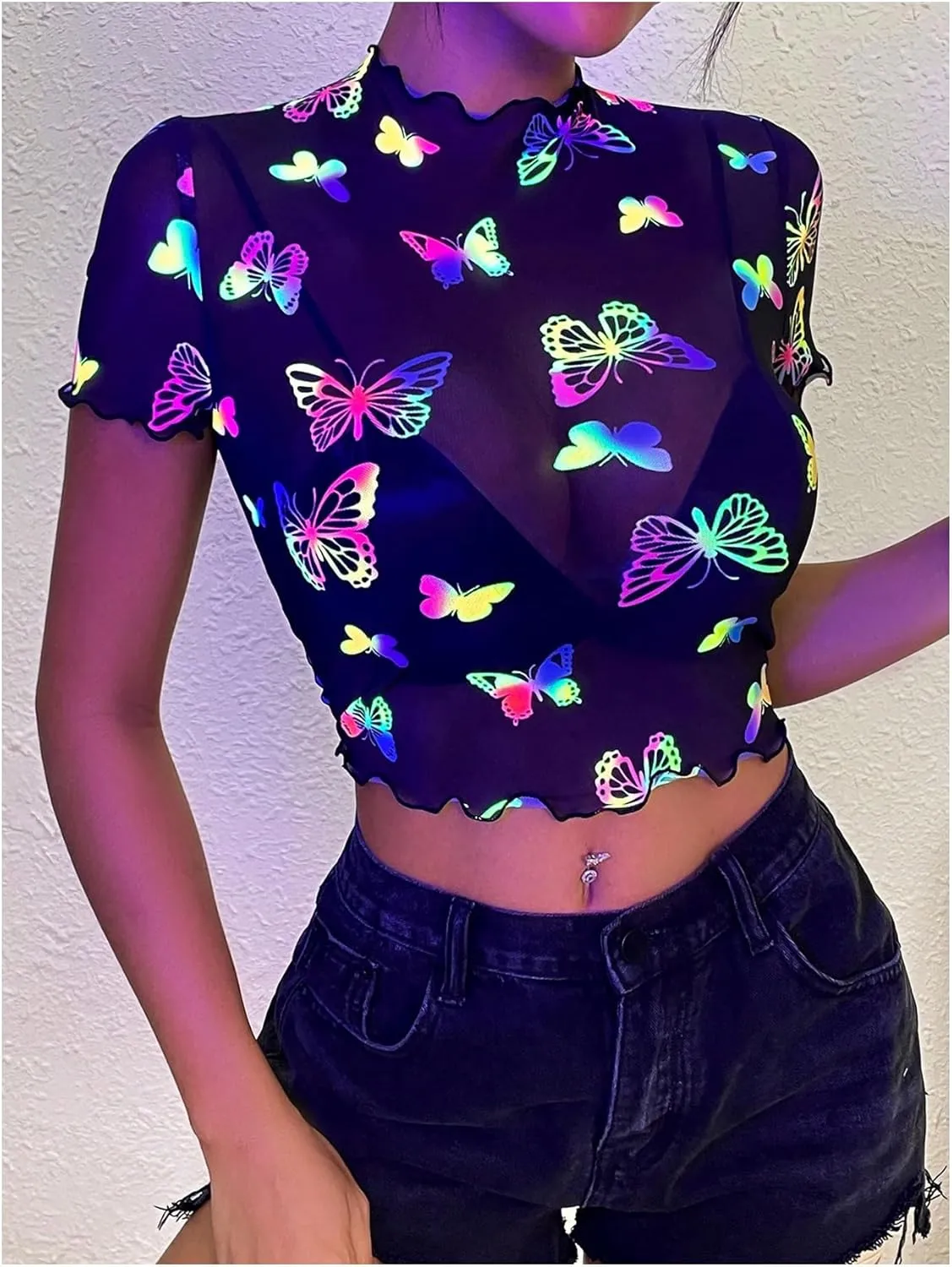MakeMeChic Women's Reflective Mesh Sheer Crop Top Butterfly Short Sleeve Lettuce Trim T Shirt