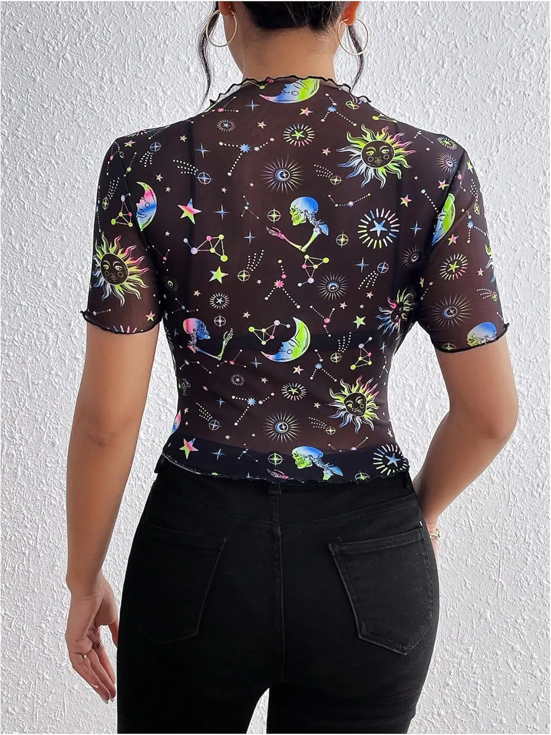 MakeMeChic Women's Reflective Mesh Sheer Crop Top Butterfly Short Sleeve Lettuce Trim T Shirt
