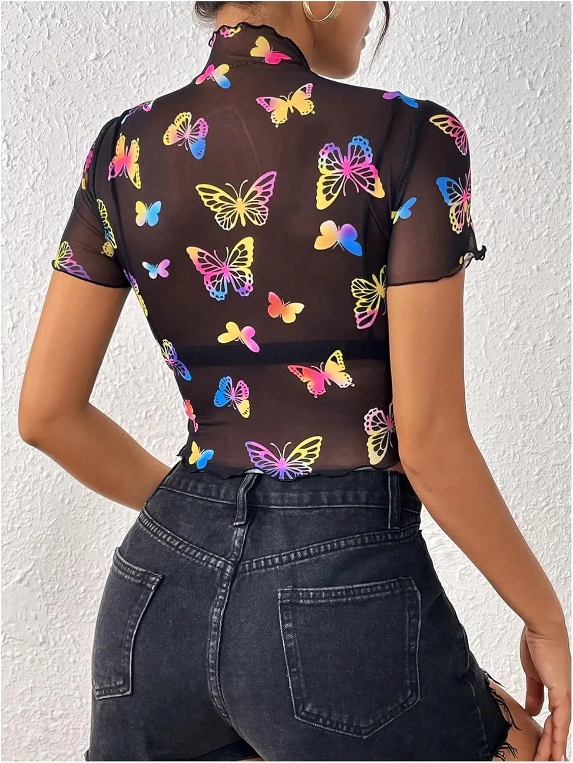 MakeMeChic Women's Reflective Mesh Sheer Crop Top Butterfly Short Sleeve Lettuce Trim T Shirt
