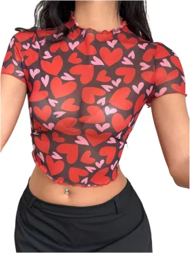 MakeMeChic Women's Reflective Mesh Sheer Crop Top Butterfly Short Sleeve Lettuce Trim T Shirt
