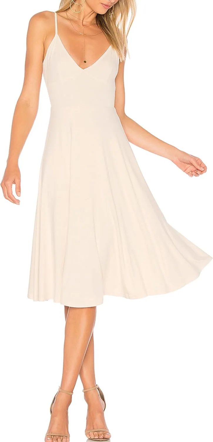 May&Maya Women's Adjustable Shoulder Straps V-Neck and Deep V Back Midi Tank Dress