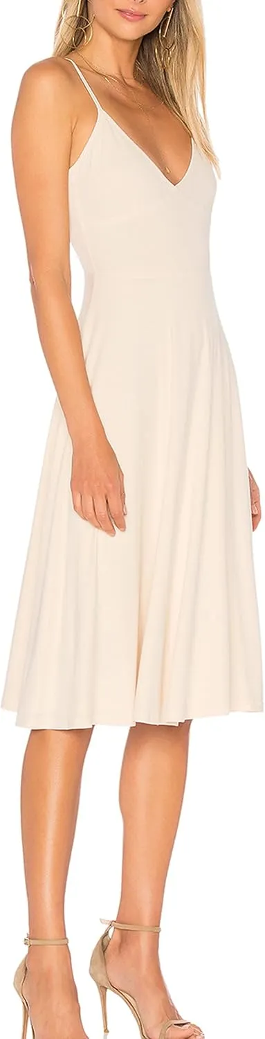 May&Maya Women's Adjustable Shoulder Straps V-Neck and Deep V Back Midi Tank Dress