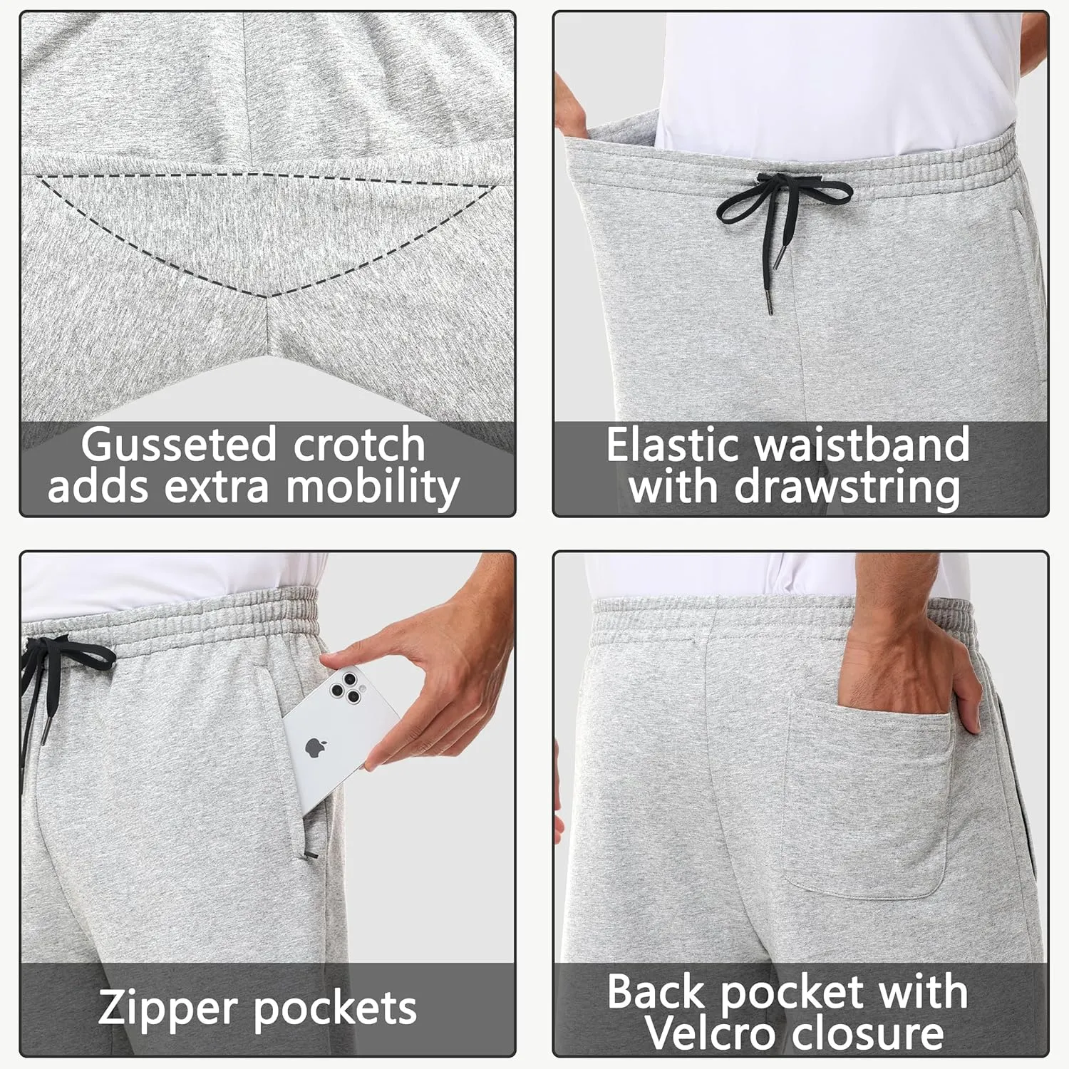Men's 30" 34" 36" Cotton Yoga Sweatpants - Athletic Casual Lounge Open Bottom Straight Leg Loose Pants Zipper Pockets