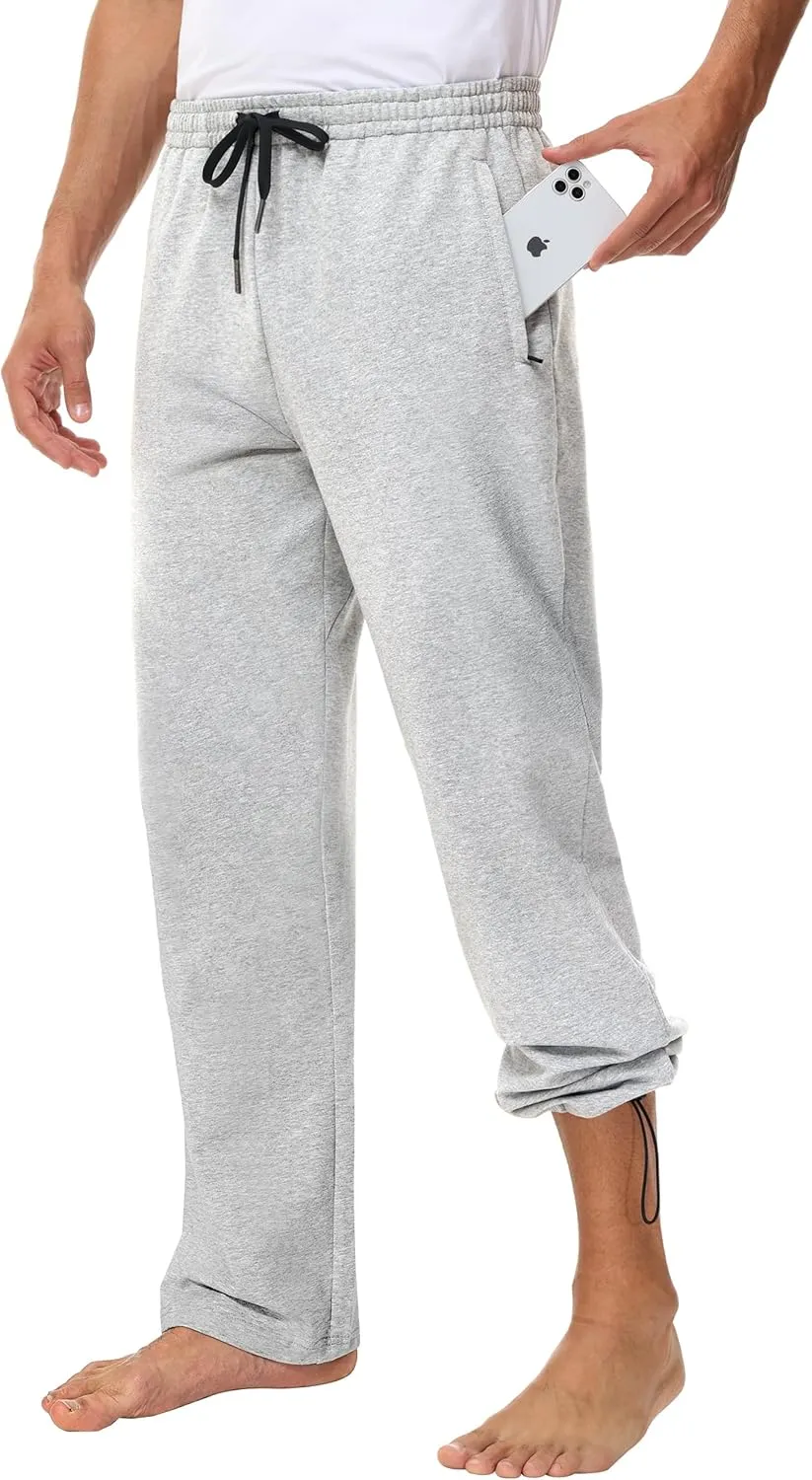 Men's 30" 34" 36" Cotton Yoga Sweatpants - Athletic Casual Lounge Open Bottom Straight Leg Loose Pants Zipper Pockets