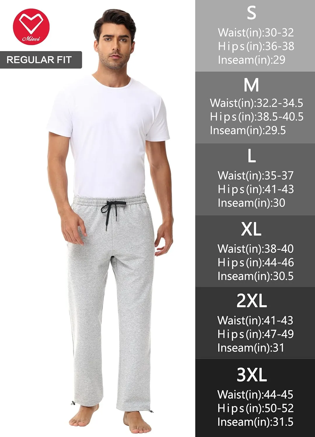 Men's 30" 34" 36" Cotton Yoga Sweatpants - Athletic Casual Lounge Open Bottom Straight Leg Loose Pants Zipper Pockets