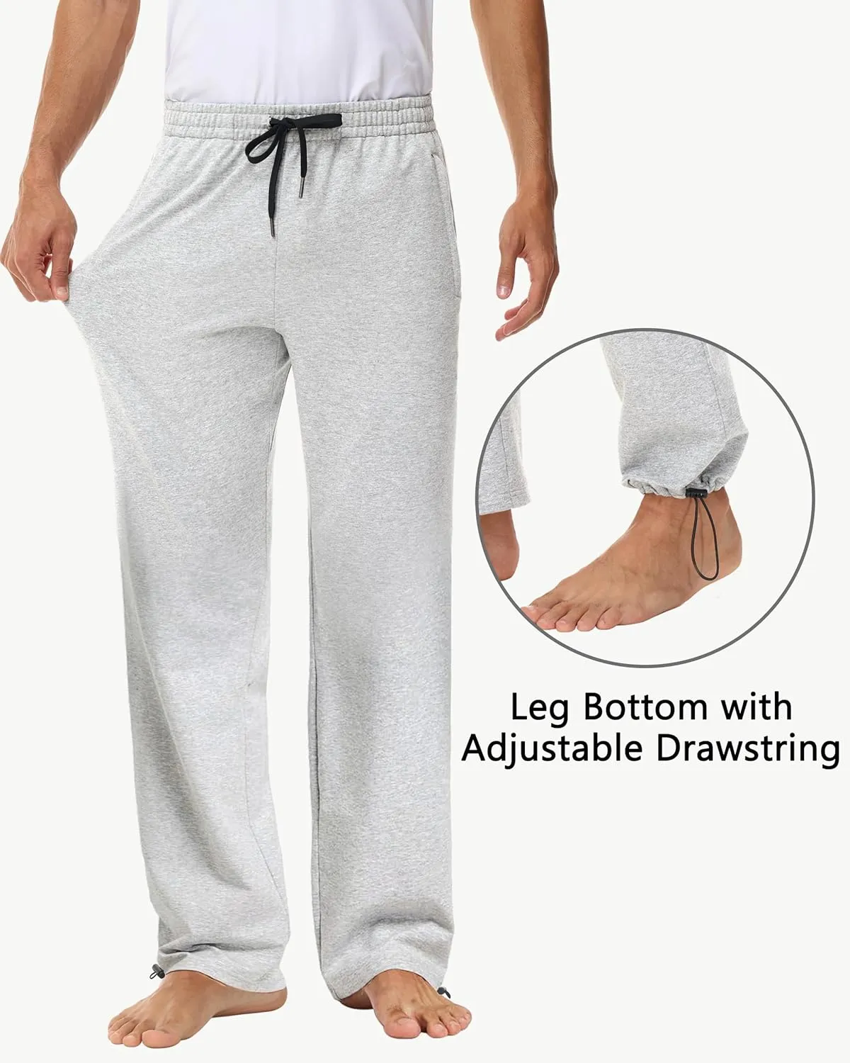 Men's 30" 34" 36" Cotton Yoga Sweatpants - Athletic Casual Lounge Open Bottom Straight Leg Loose Pants Zipper Pockets