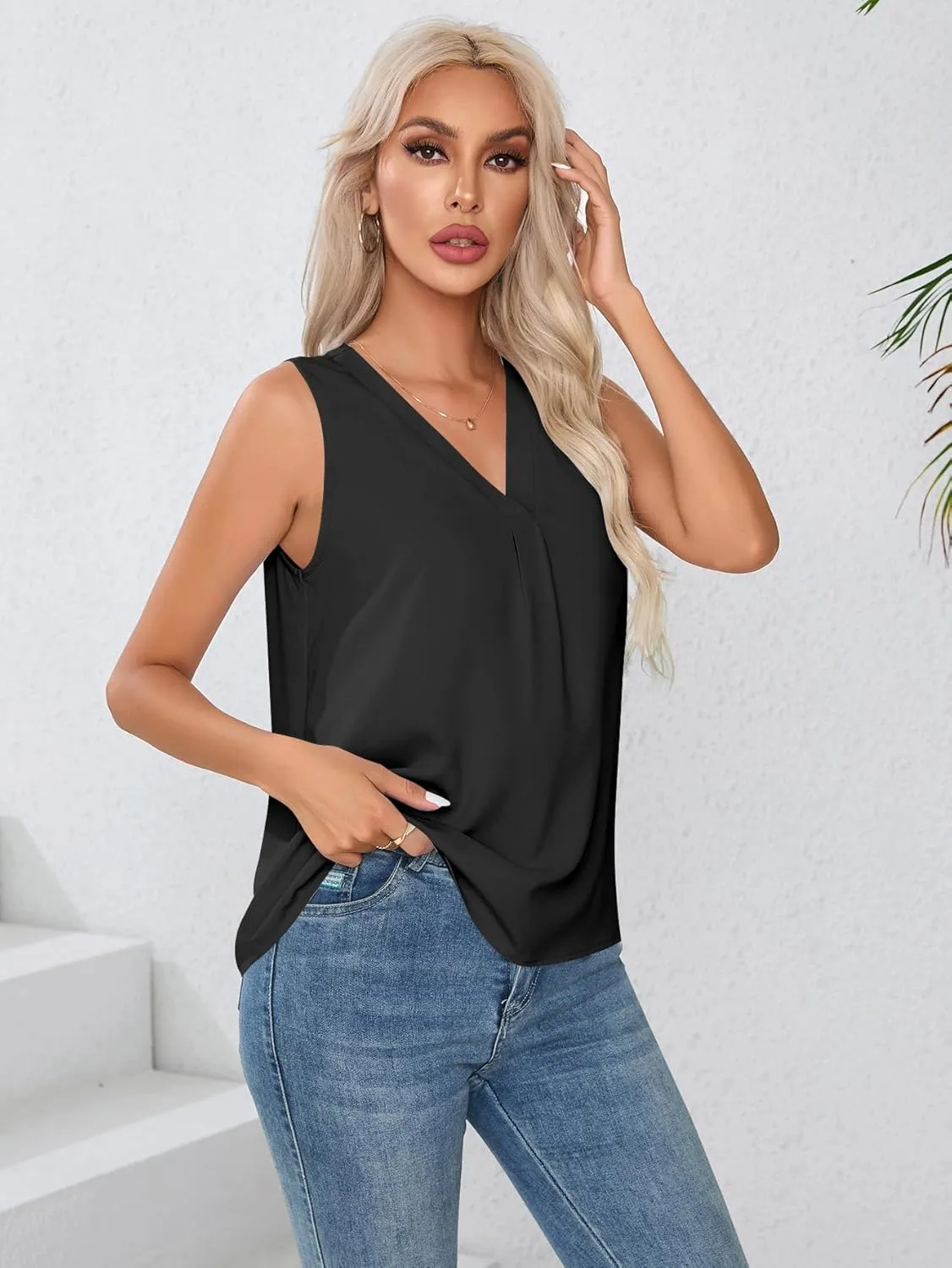 Milumia Women Sleeveless V Neck Work Office Blouse Pleated Tank Top Shirt