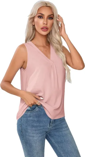 Milumia Women Sleeveless V Neck Work Office Blouse Pleated Tank Top Shirt