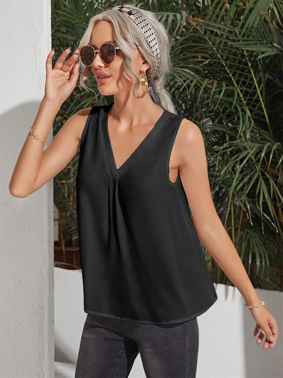 Milumia Women Sleeveless V Neck Work Office Blouse Pleated Tank Top Shirt