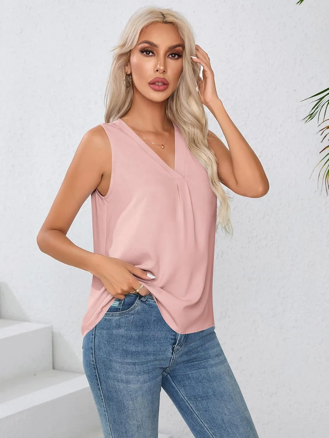 Milumia Women Sleeveless V Neck Work Office Blouse Pleated Tank Top Shirt