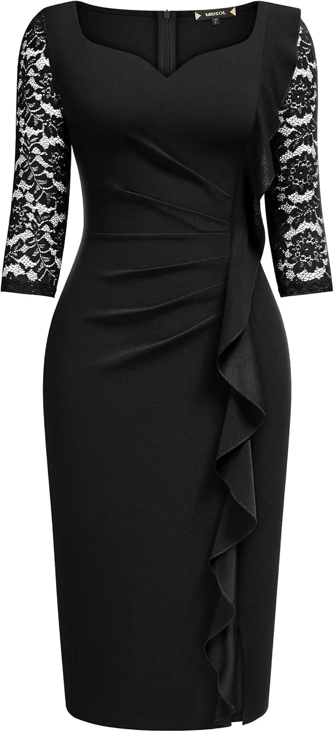 Miusol Women's Classy V-Neck Floral lace 3/4 Sleeve Cocktail Party Dress