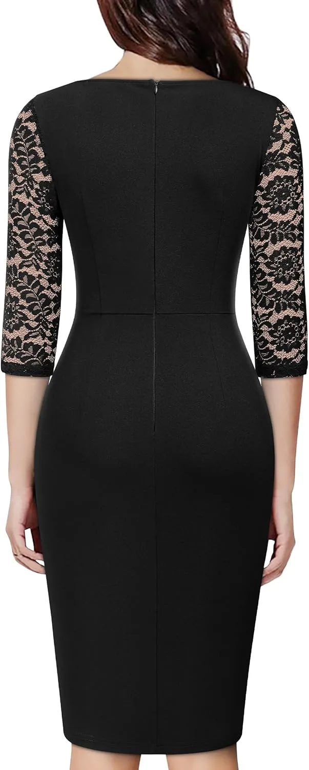 Miusol Women's Classy V-Neck Floral lace 3/4 Sleeve Cocktail Party Dress