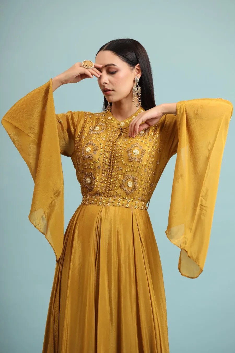 Mustard Embellished Chinon Silk Gown
