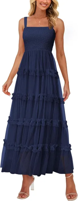 PRETTYGARDEN Women's Summer Dresses 2025 Sleeveless Smocked Tiered Ruffle Tulle A-Line Flowy Wedding Party Maxi Dress