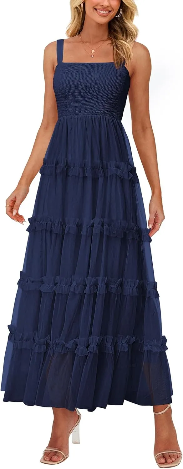 PRETTYGARDEN Women's Summer Dresses 2025 Sleeveless Smocked Tiered Ruffle Tulle A-Line Flowy Wedding Party Maxi Dress