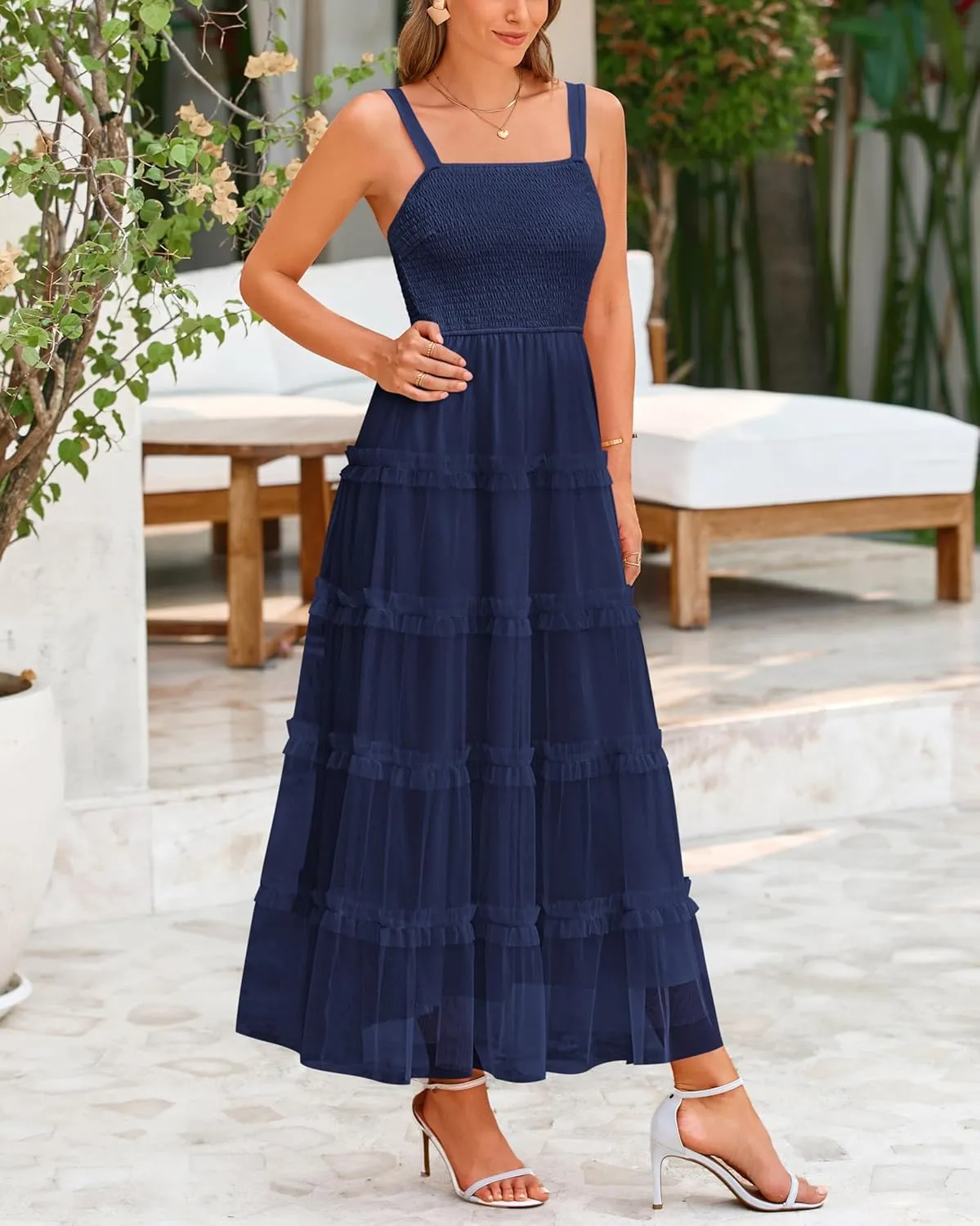 PRETTYGARDEN Women's Summer Dresses 2025 Sleeveless Smocked Tiered Ruffle Tulle A-Line Flowy Wedding Party Maxi Dress