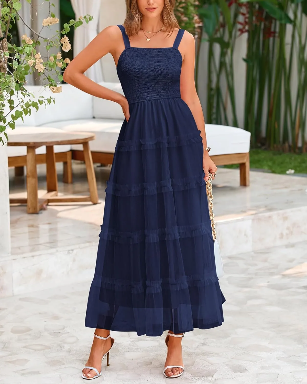 PRETTYGARDEN Women's Summer Dresses 2025 Sleeveless Smocked Tiered Ruffle Tulle A-Line Flowy Wedding Party Maxi Dress