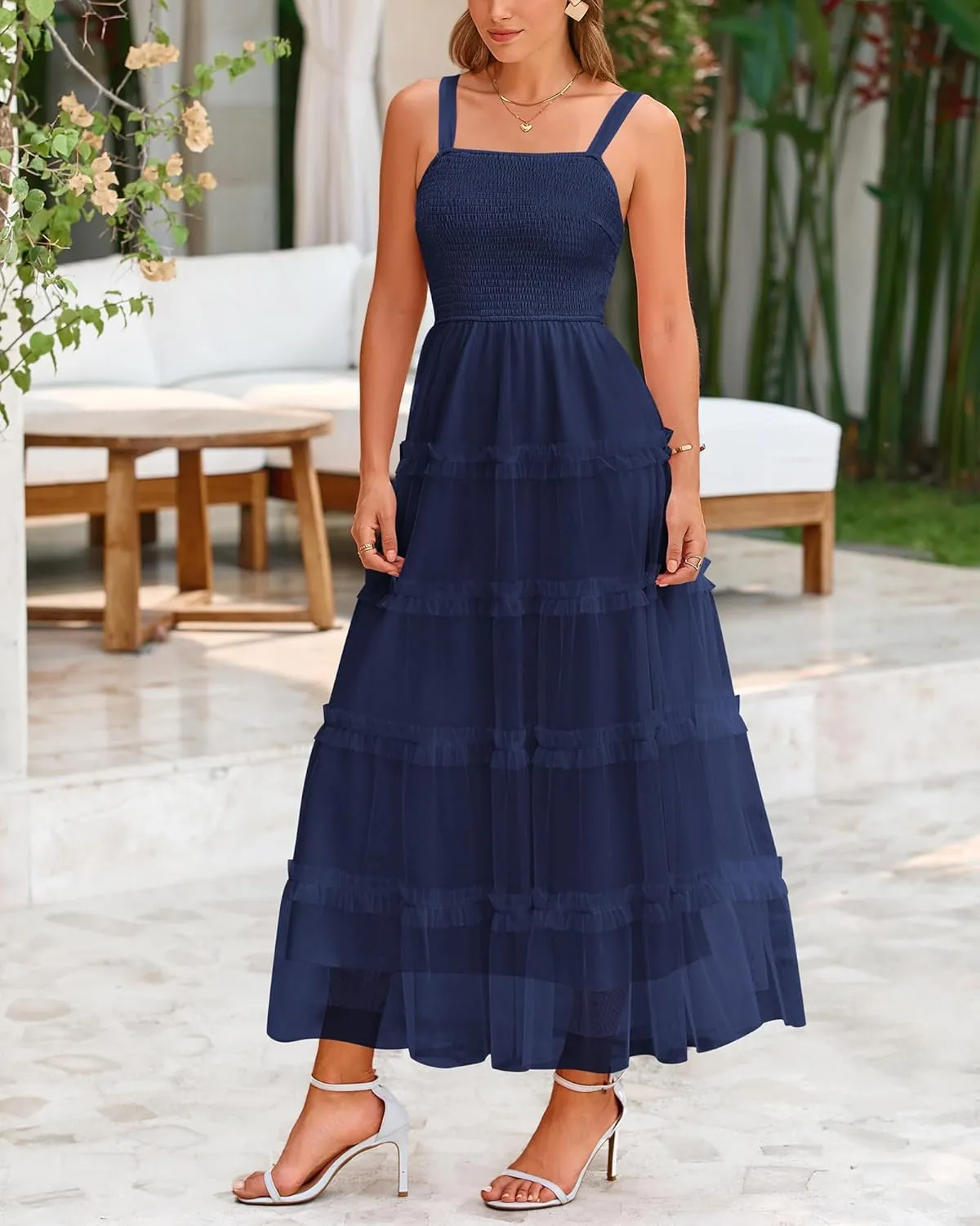 PRETTYGARDEN Women's Summer Dresses 2025 Sleeveless Smocked Tiered Ruffle Tulle A-Line Flowy Wedding Party Maxi Dress